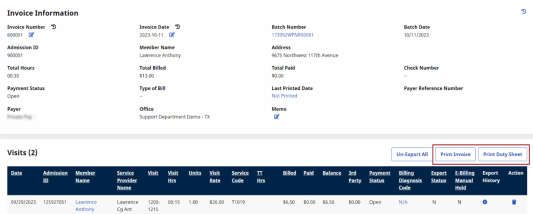 The Print Invoice and Print Duty Sheet buttons display at top right of the Visits table for printing actions related to the invoice and visit information.